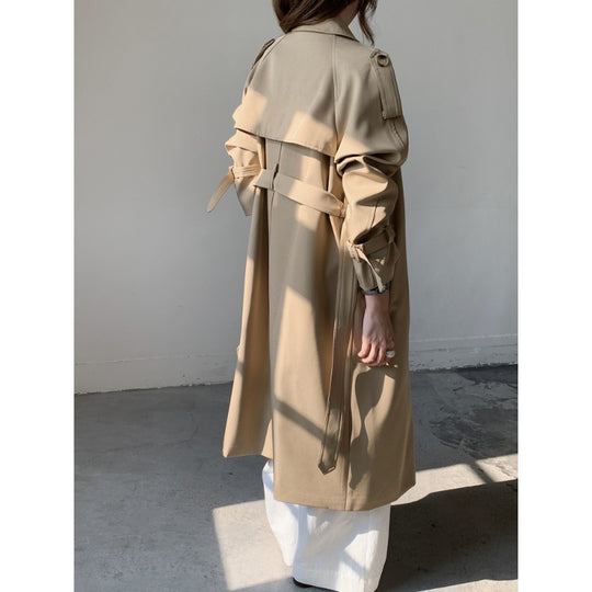 Damen langer doppelreihiger Trenchcoat mit Schulterklappen und Taillengürtel Shop Nory