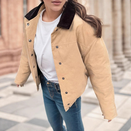Damen Kurzer Cord-Workwear-Blouson mit Kontrastkragen Shop Nory
