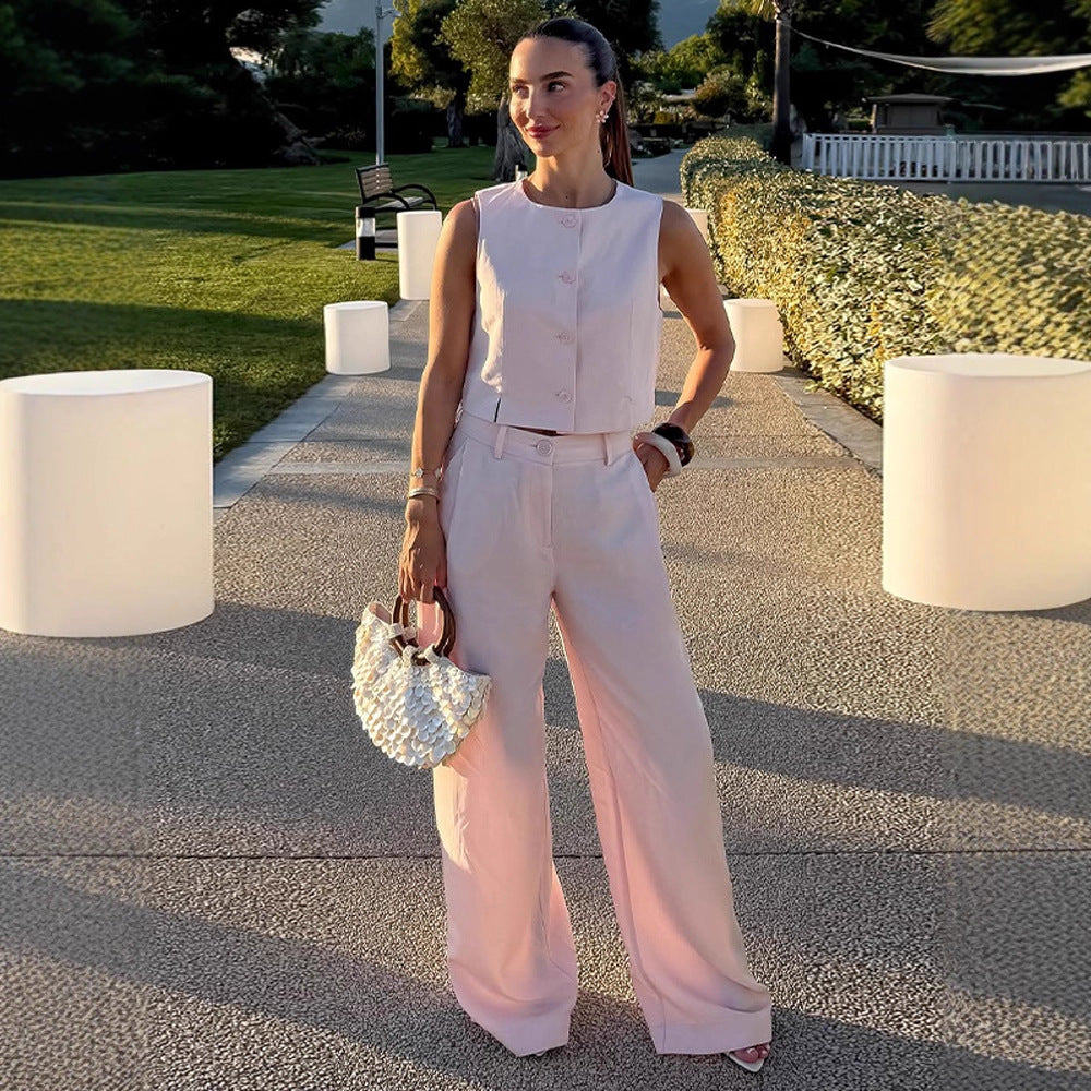 Damen Hochtaillierte weite Sommerhose mit Bügelfalte und Eingrifftaschen Shop Nory