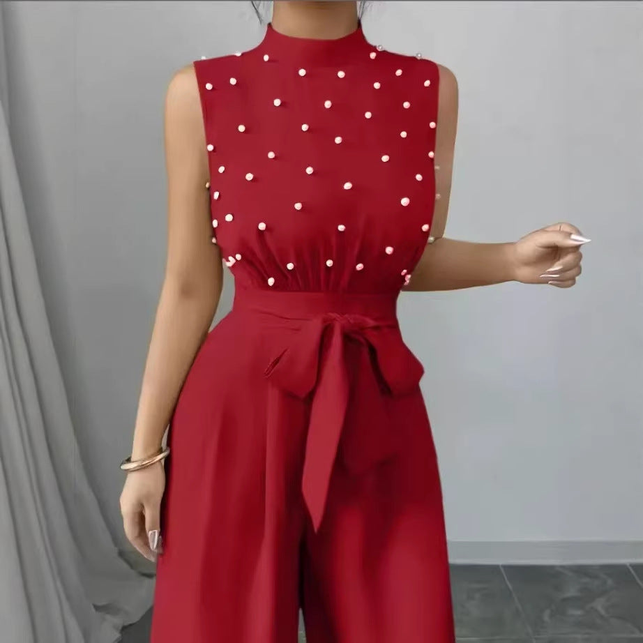 Damen Eleganter Jumpsuit mit Perlenbesatz, Stehkragen und weitem Palazzo-Bein Shop Nory