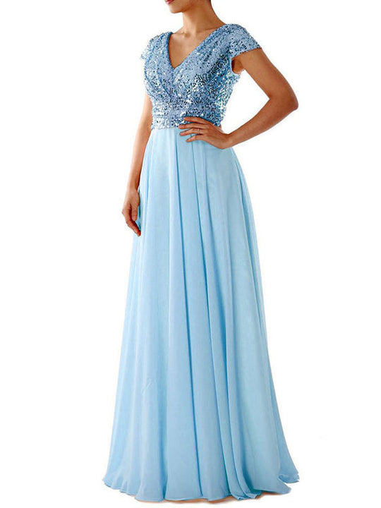 Damen Kleider V-Ausschnitt Paillette Chiffon Paneel Maxi Kleid