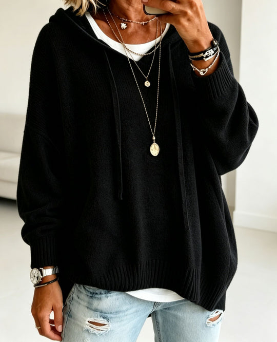 Damen Oversize Kapuzenpullover aus weichem Feinstrick mit Zier‑V‑Ausschnitt Shop Nory