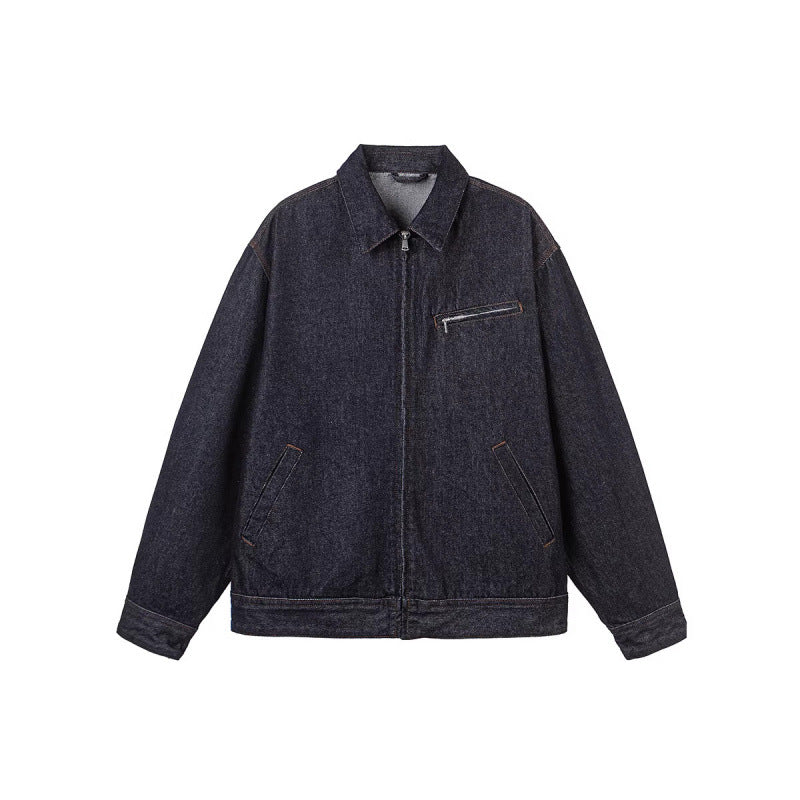 Herren Boxy-Denimjacke mit durchgehendem Reißverschluss, Brust-Reißverschlusstasche und Hemdkragen Shop Nory