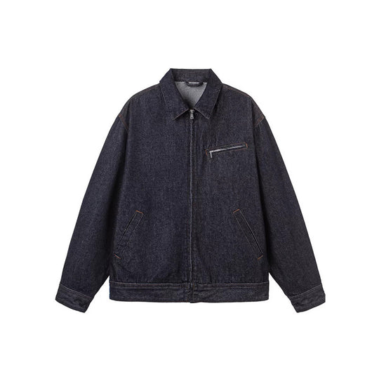 Herren Boxy-Denimjacke mit durchgehendem Reißverschluss, Brust-Reißverschlusstasche und Hemdkragen Shop Nory