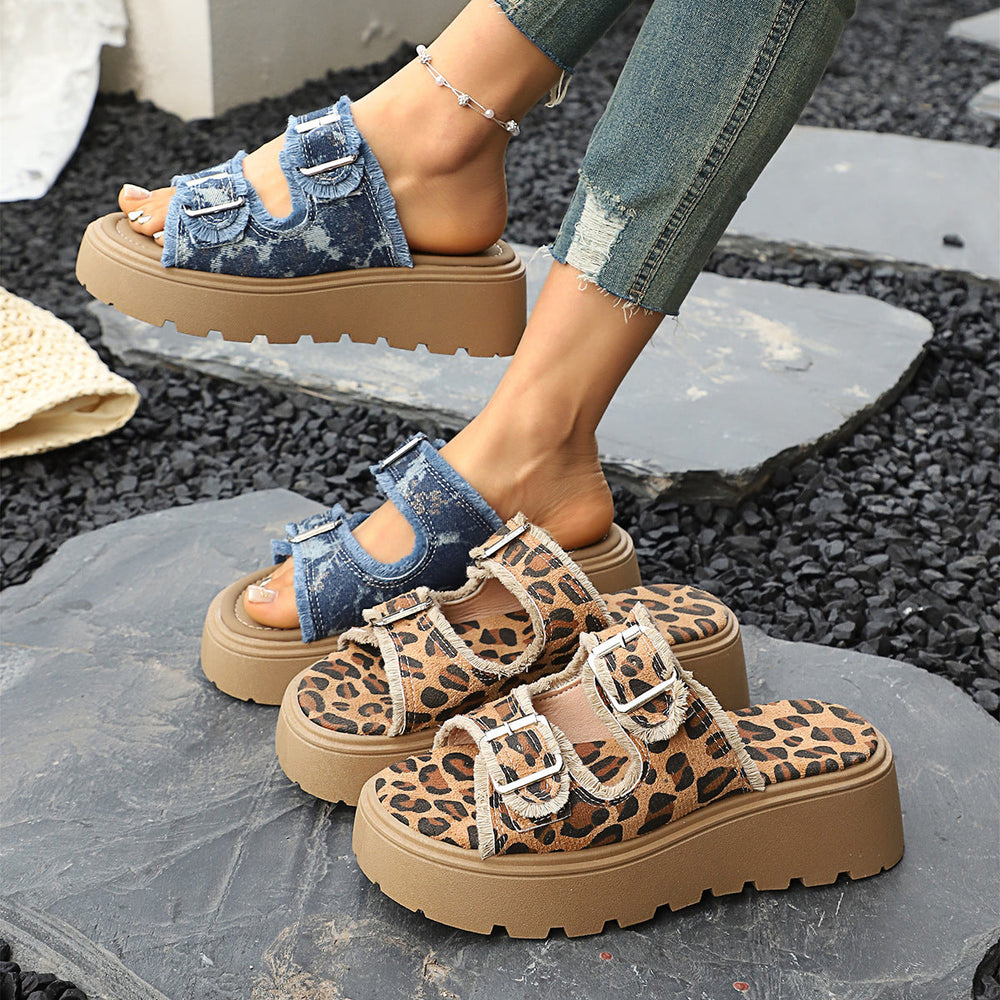 Damen Plateau-Pantoletten mit verstellbaren Riemen und trendiger Denim-Optik
