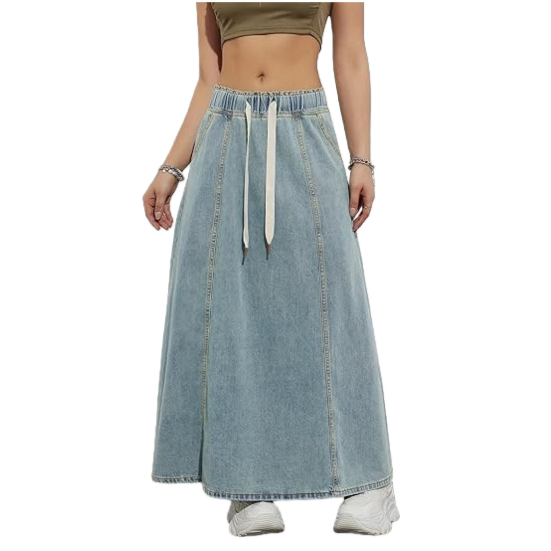 Damen Langer A-Linien Jeansrock mit elastischem Bund und Kordel Shop Nory