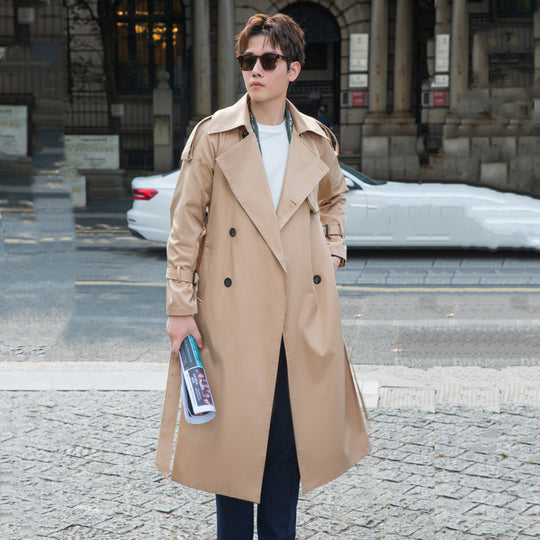 Herren langer zweireihiger Trenchcoat mit klassischem Revers, Gürtel und Schulterklappen Shop Nory