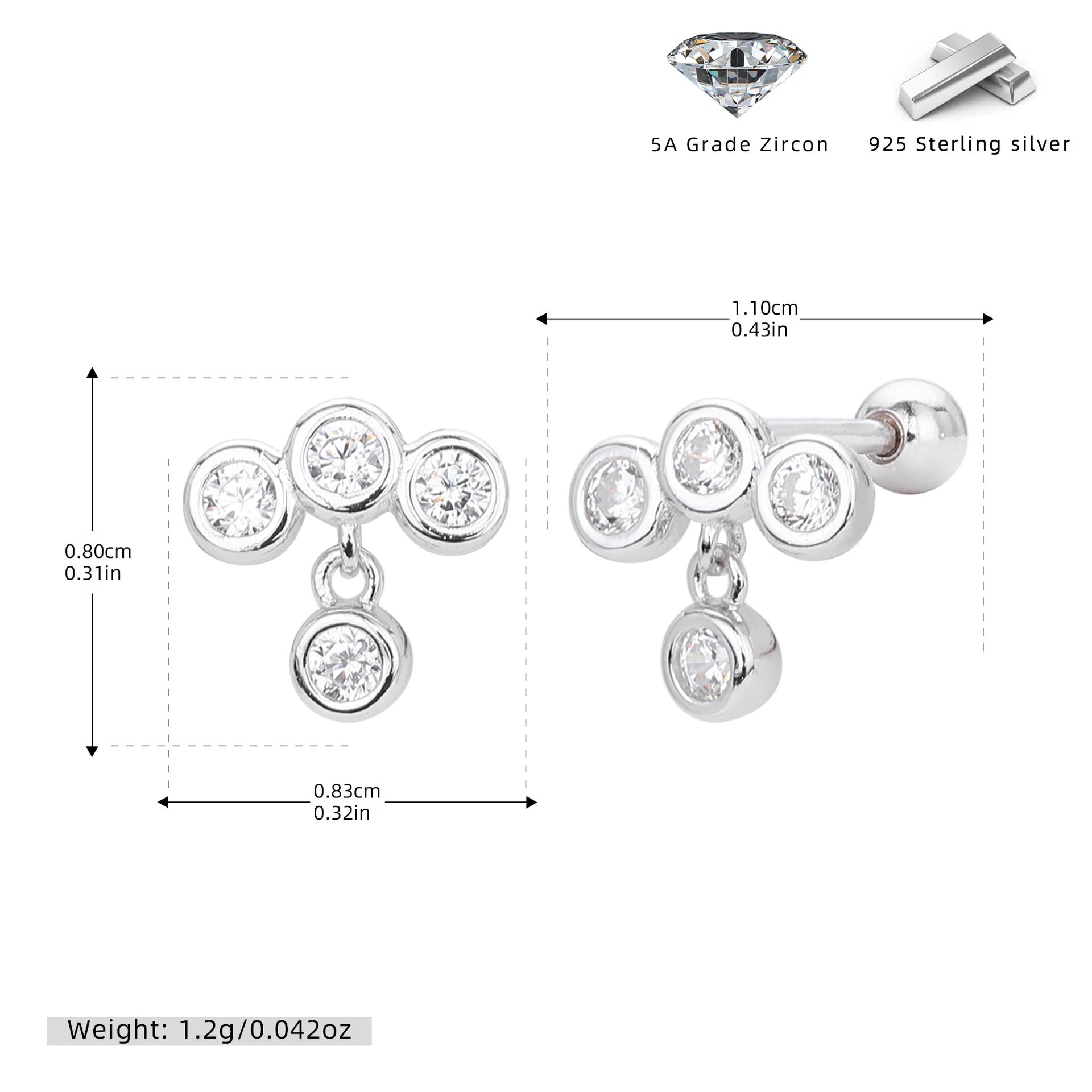 Damen Ohrstecker mit schwebendem Zircon-Dreifach-Design Shop Nory