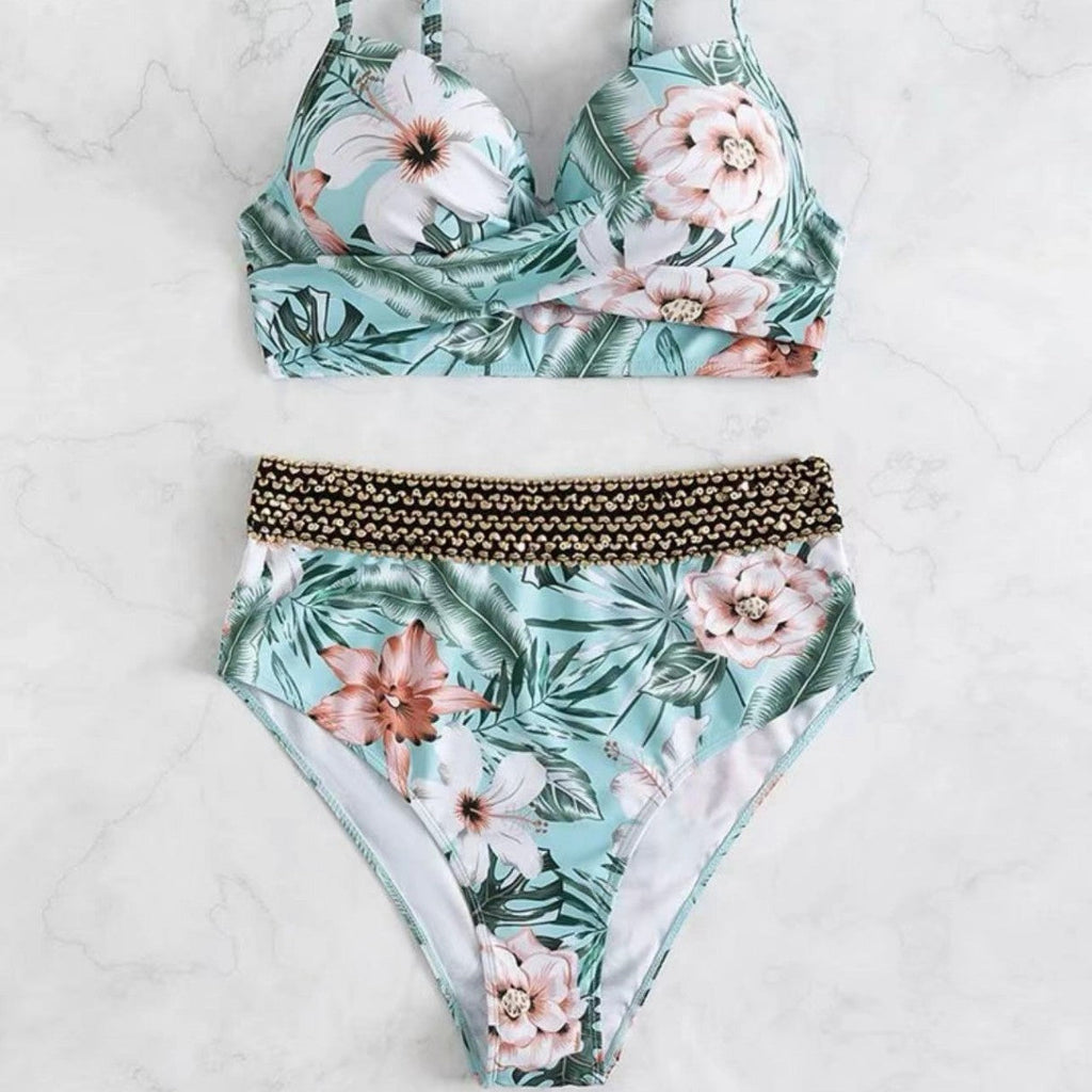 Damen Hochtaillierter Bikini mit floralem Oberteil Shopnory