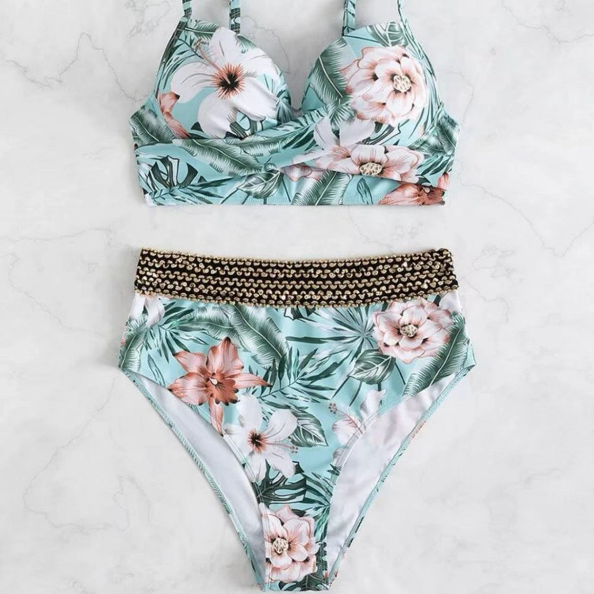 Damen Hochtaillierter Bikini mit floralem Oberteil Shopnory