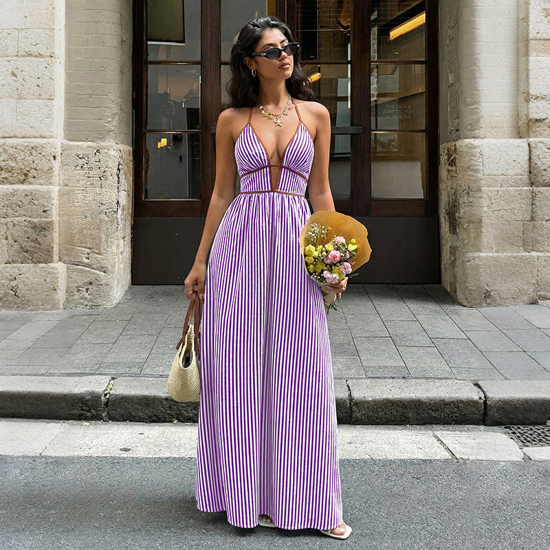 Damen Maxi-Kleid mit tiefem V-Ausschnitt und raffiniertem Streifenmuster