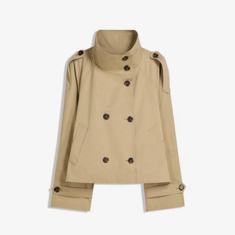 Damen Kurz geschnittener Trench‑Cape mit abnehmbaren Ärmeln, Stehkragen und Doppelreiher Shop Nory