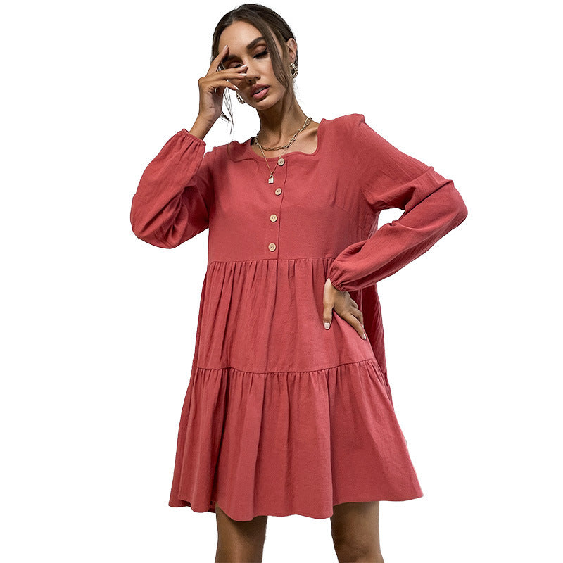 Damen Lockeres Cord-Volantkleid mit Stufenrock & Zierknopfleiste Shop Nory
