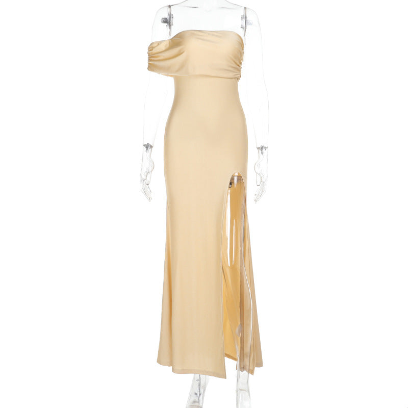 Damen schulterfreies Maxikleid mit eleganter Drapierung und hohem Schlitz Shopnory