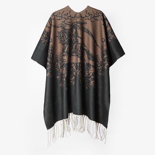Damen Fransen‑Capeponcho aus Wollmischung mit Jacquard‑Logomotiv und offenem Oversize‑Fall Shop Nory
