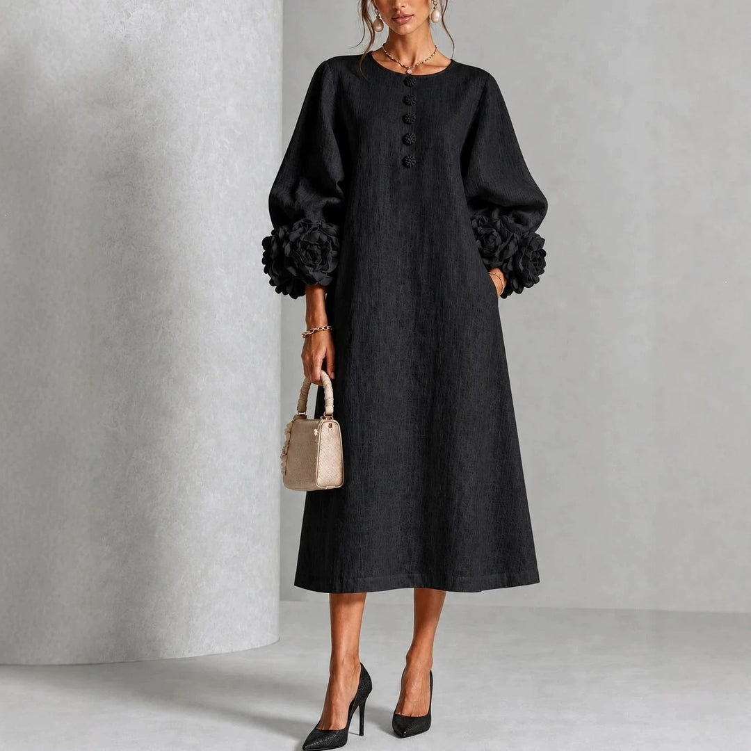 Damen Midikleid aus Leinen mit Ballonärmeln und 3D-Blütenmanschetten Shop Nory