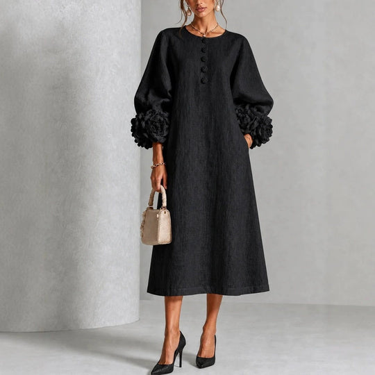 Damen Midikleid aus Leinen mit Ballonärmeln und 3D-Blütenmanschetten Shop Nory