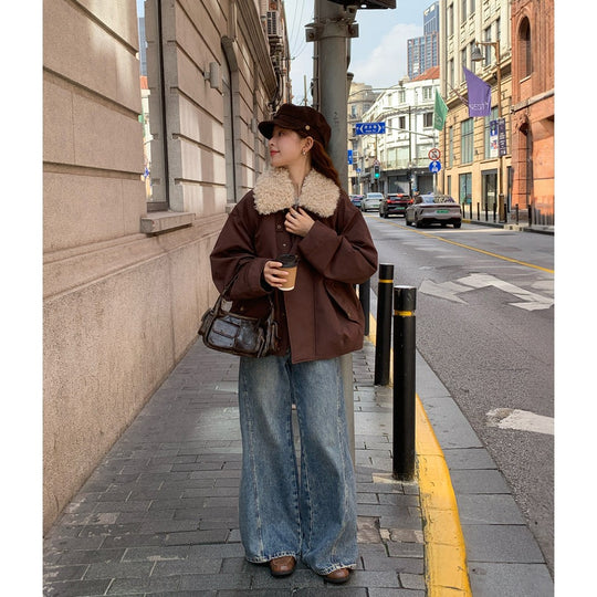Damen Oversize-Kurzjacke mit Teddykragen und Pattentaschen Shop Nory