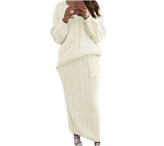 Damen nan Strickset Oversized Zopfmuster-Pullover und Maxi-Bleistiftrock mit aufgesetzter Tasche Shop Nory
