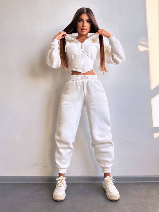 Damen Crop-Kapuzenjacke mit Korsagennaht und High-Waist Jogginghose Shop Nory