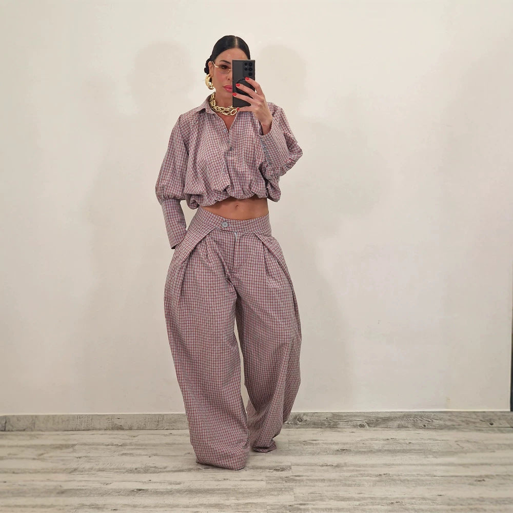 Damen Zweiteiliges kariertes Set mit Cropped Oversize-Hemd und weiter Bundfaltenhose Shop Nory