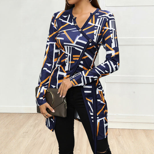 Damen Asymmetrisches Longsleeve-Tunikashirt mit diagonaler Knopfleiste und Seitenschlitzen Shop Nory