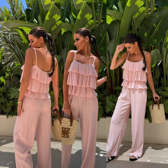 Damen Plissee-Volant-Cropped-Top mit Spaghettiträgern und weitem High-Waist-Hose-Set Shop Nory