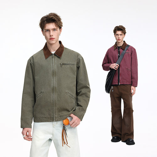Herren Freizeitjacke aus gewaschenem Baumwollcanvas mit Cordkragen und Reißverschluss-Tasche Shop Nory