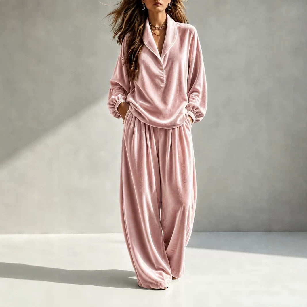 Damen Luxuriöses Velours-Loungewear-Set mit Schalkragen und weiter Palazzo-Hose Shop Nory