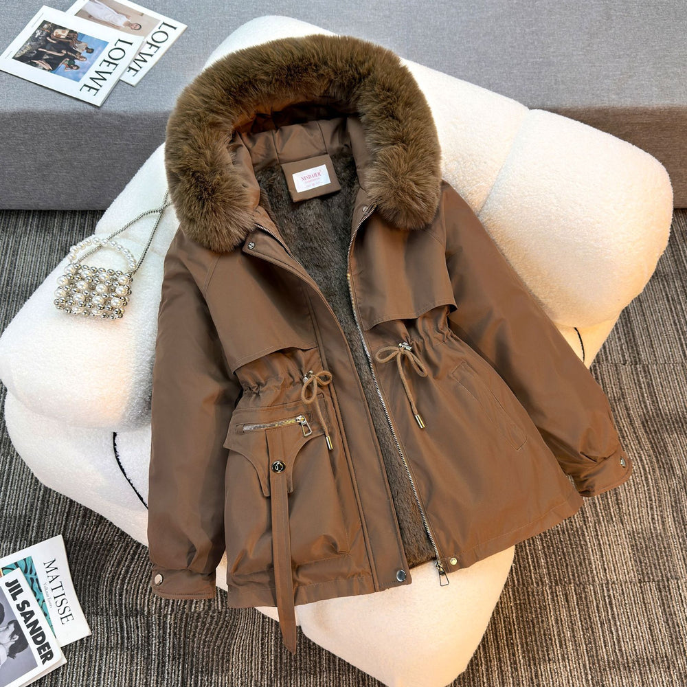 Damen nan kurze gefütterte Parka mit Kunstpelzkragen Teddyfutter Taillenzug und Multifunktions-Taschen Shop Nory