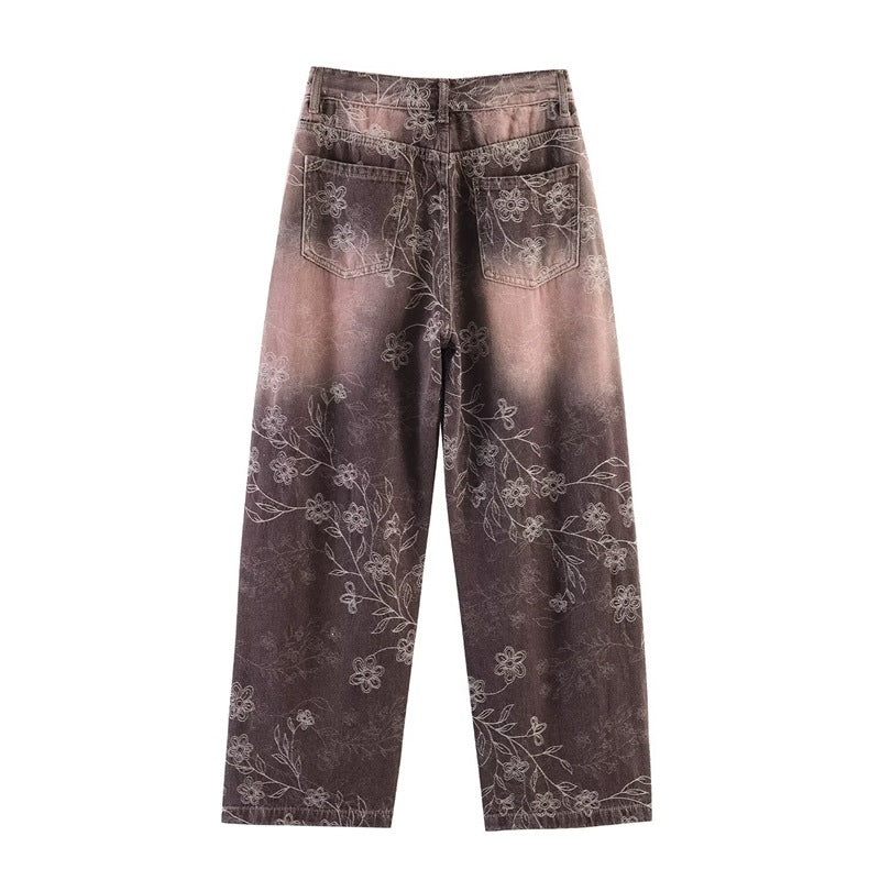 Damen High‑Waist-Jeanshose mit weitem Bein, floraler Vintage‑Print und Five‑Pocket-Schnitt Shop Nory