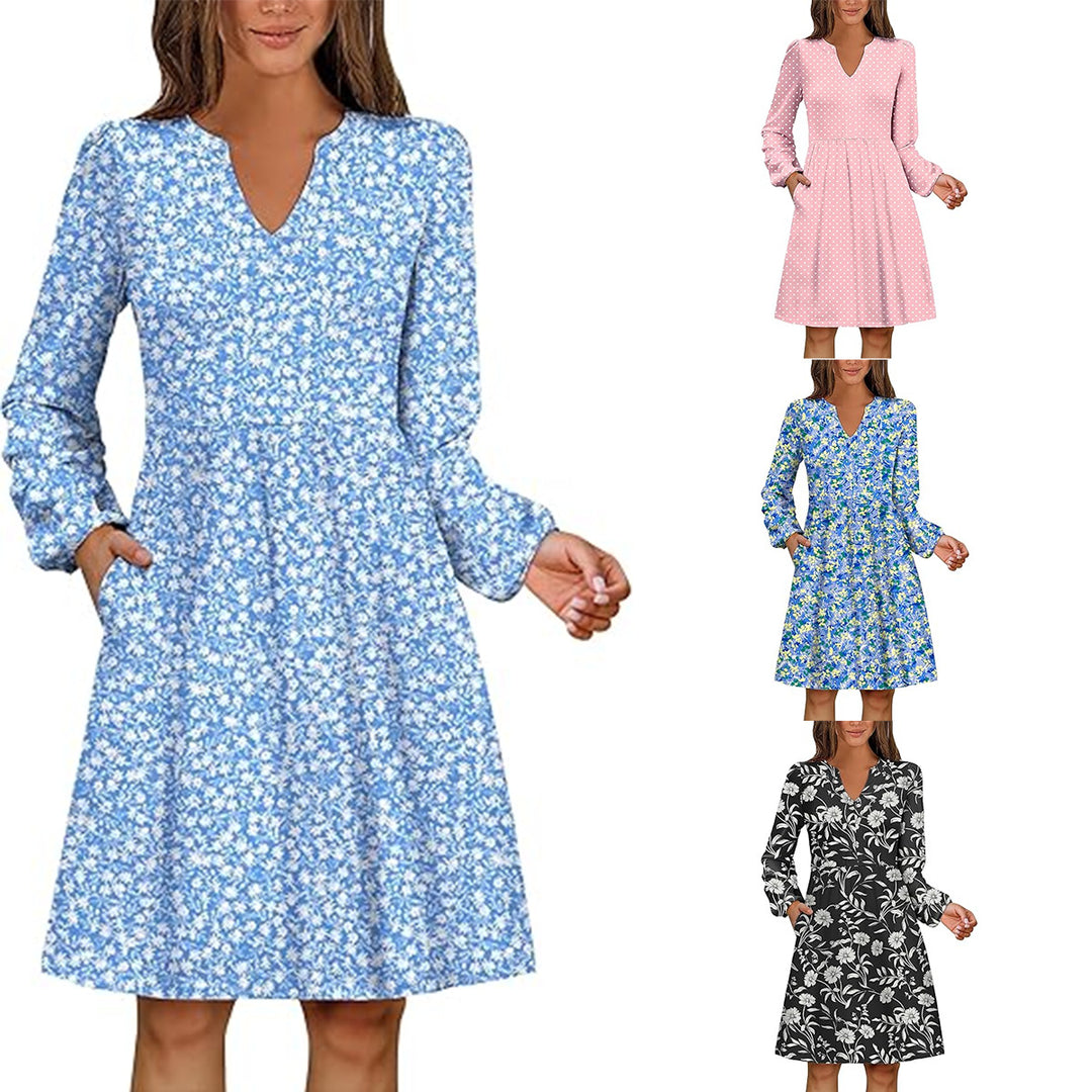 Damen Polka‑Dot A‑Linien Kleid mit V‑Ausschnitt und Taillennaht Shop Nory