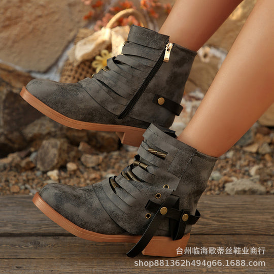 Damen Fransen-Ankle-Boots mit geschichteten Riemen und seitlichem Reißverschluss Shop Nory