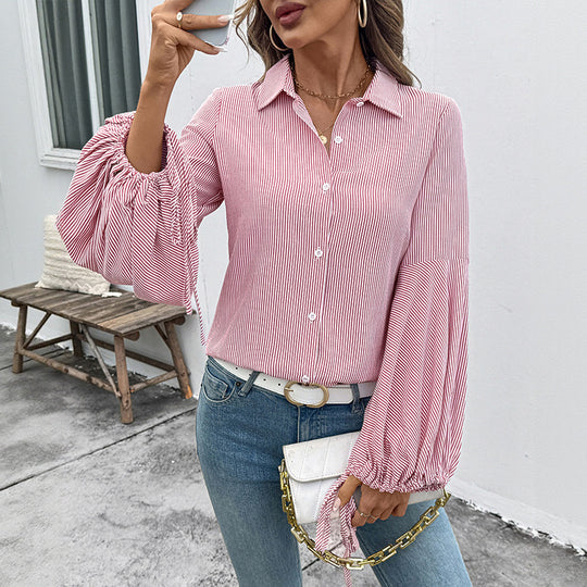 Damen Leichte Nadelstreifen-Hemdbluse mit Kordel-Ballonärmeln Shop Nory