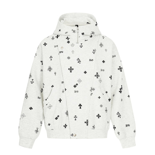 Unisex Boxy-Kapuzenjacke mit halbem Reißverschluss und Allover-Print Shop Nory