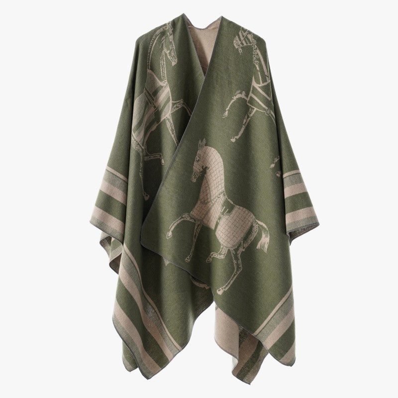 Damen Jacquard-Poncho-Überwurf mit Pferde-Motiv und kastiger Kimono-Silhouette Shop Nory