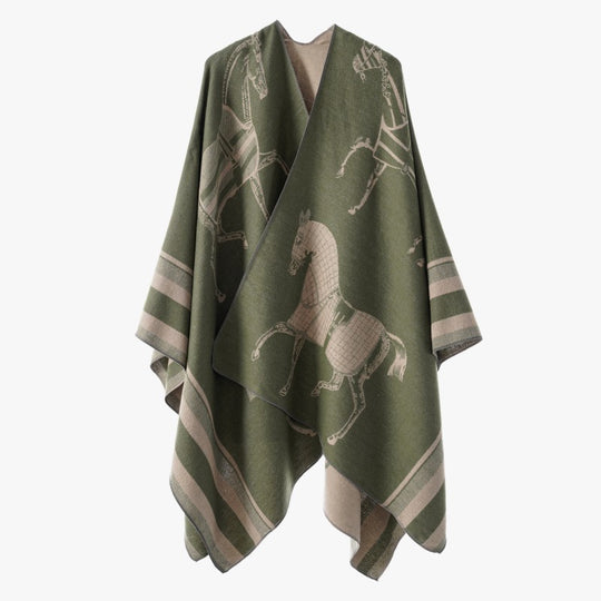 Damen Jacquard-Poncho-Überwurf mit Pferde-Motiv und kastiger Kimono-Silhouette Shop Nory