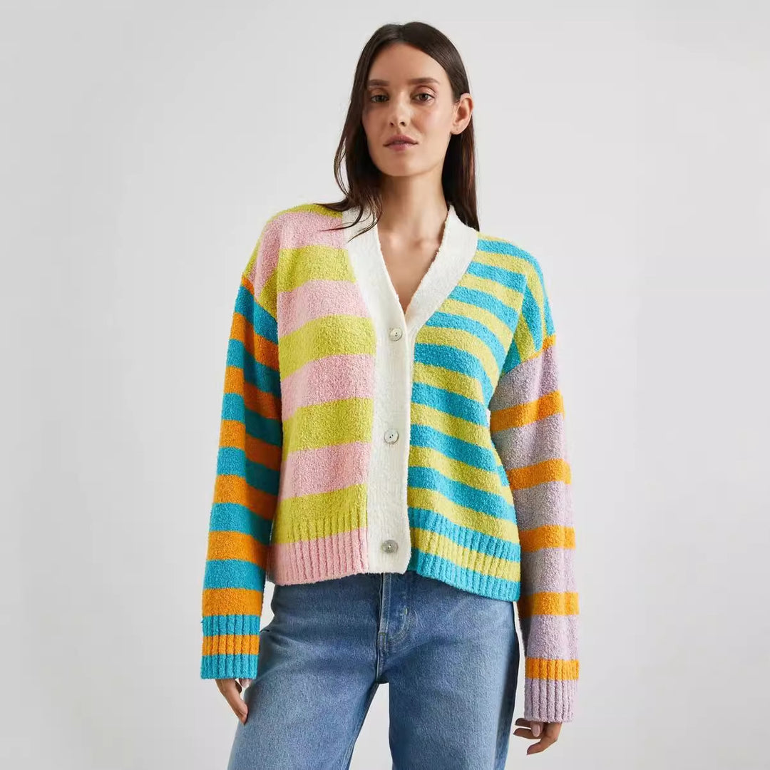 Damen lockerer gestreifter Frottee-Cardigan mit V-Ausschnitt und Knopfleiste Shop Nory