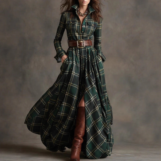 Damen Karierte Maxikleid mit Hemdbluse-Oberteil, Taillierter Bund und Eingrifftaschen Shop Nory