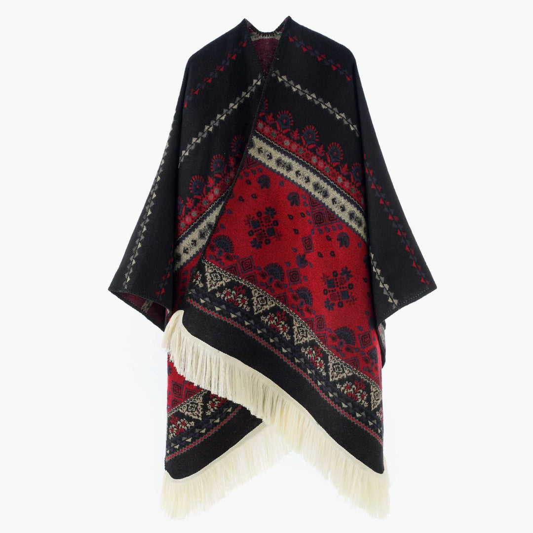 Damen Jacquard‑Ruana mit Fransen und folklorem Muster Shop Nory