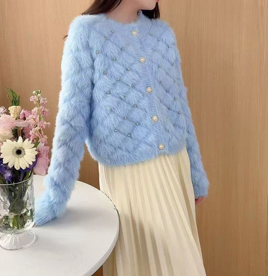 Damen Flauschiger Strickcardigan mit Perlen Shop Nory