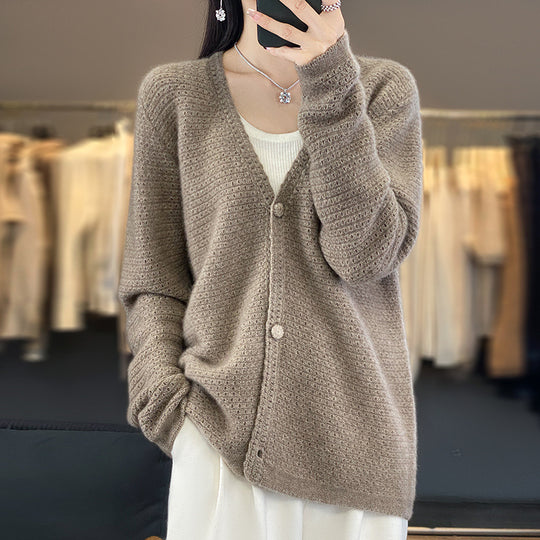 Damen Offener Ajour-Strickcardigan mit dezentem Flauschfinish und kastiger Oversize-Silhouette Shop Nory