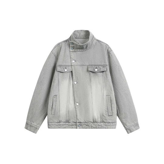Unisex Boxy-Jeansblouson mit asymmetrischer Druckknopfblende und hohem Stehkragen Shop Nory