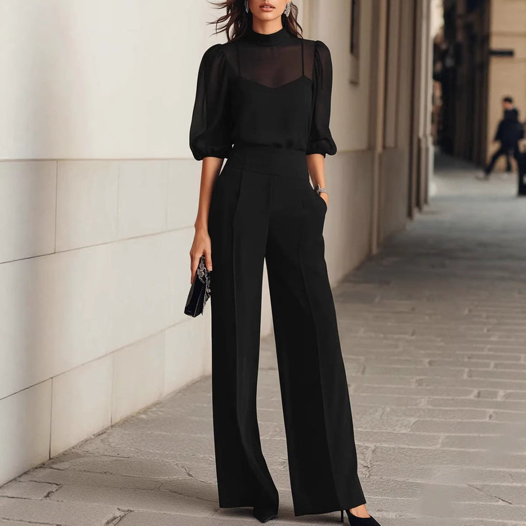 Damen elegantes Blusenset mit weiten Beinen und transparenten Ärmeln