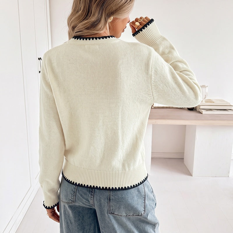 Damen Feingestrickter V‑Ausschnitt‑Cardigan mit kontrastierender Zierkante und Zierknöpfen Shop Nory