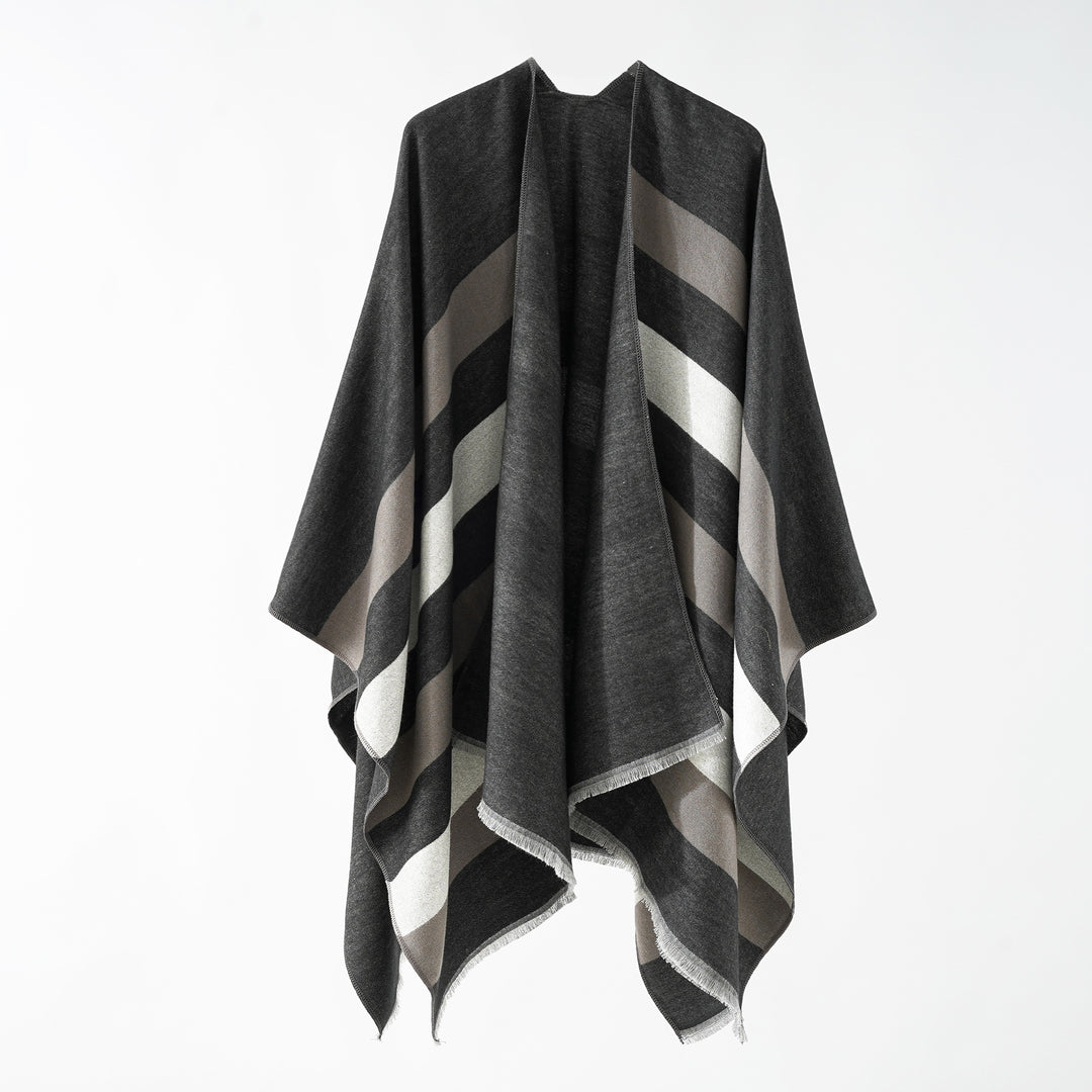 Damen Feiner Wollmix‑Capeüberwurf mit diagonaler Streifenstruktur und Fransensaum Shop Nory