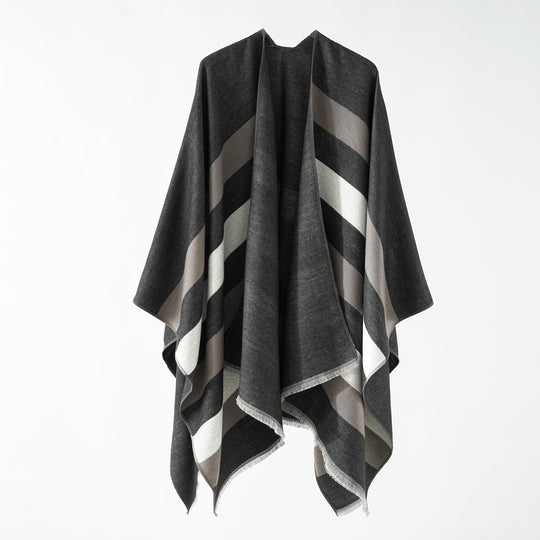 Damen Feiner Wollmix‑Capeüberwurf mit diagonaler Streifenstruktur und Fransensaum Shop Nory