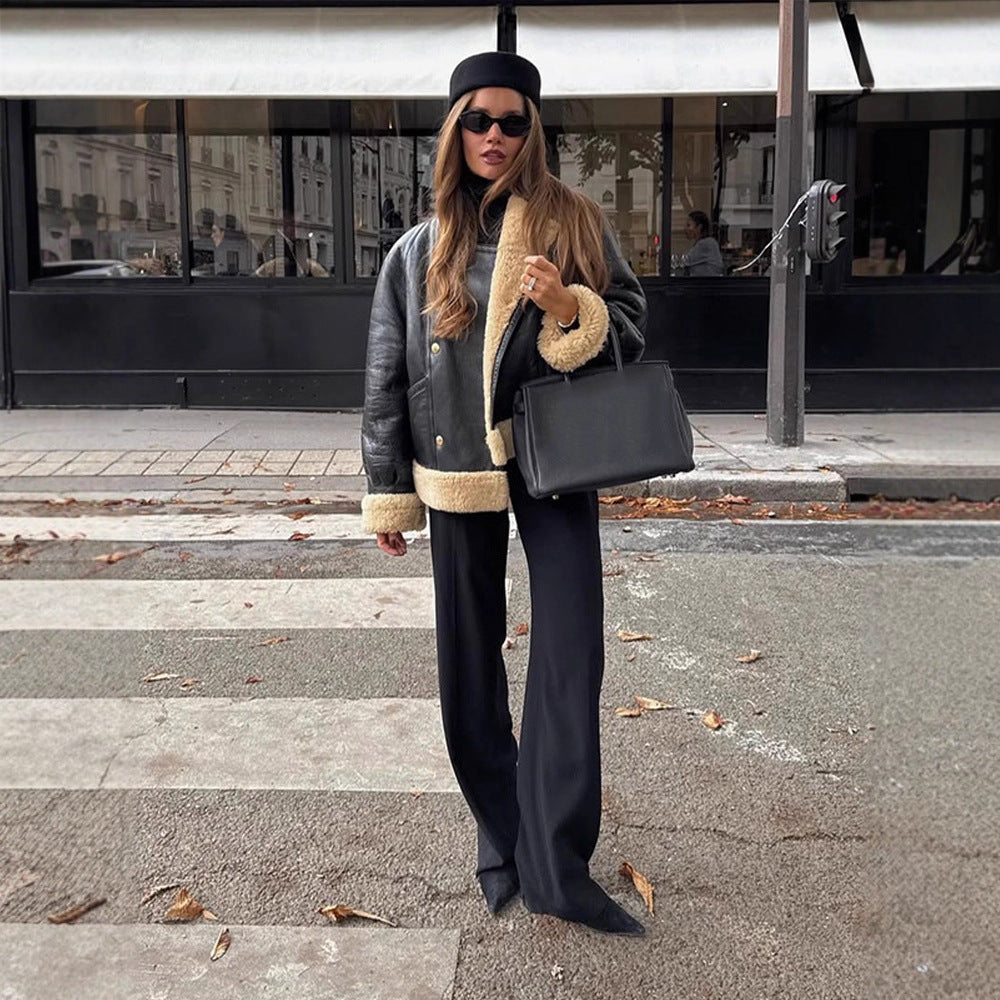Damen Kurzjacke im Aviator‑Stil mit Teddy‑Innenfutter und doppelreihiger Druckknopffront Shop Nory