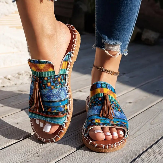 Damen Boho-Ethno-Quasten-Pantoletten mit geflochtener Sohle und gepolstertem Fußbett Shop Nory