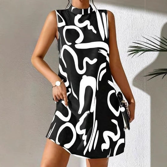Damen A-linien Minikleid mit modernem grafischem Muster und Stehkragen